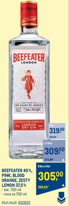 Makro BEEFEATER 40%, PINK, BLOOD ORANGE, ZESTY LEMON 37,5% nabídka