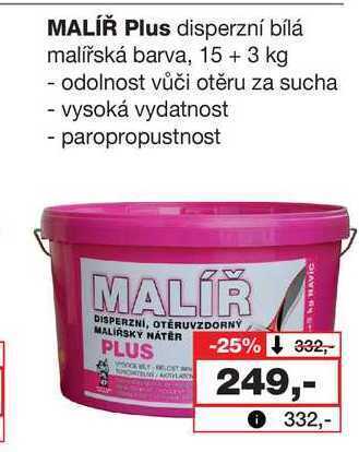 Barvy a laky drogerie Malíř plus disperzní bílá malířská barva, 15 + 3 kg nabídka