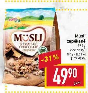 Billa G musli 3 types of chocolate crunchy -31% müsli zapékané 375 g více druhů 100 g- 13,31 kč 49,90 kč 49⁹⁰ 90 nabídka