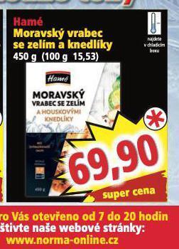 Norma Hamé moravský vrabec se zelím a knedlíky nabídka