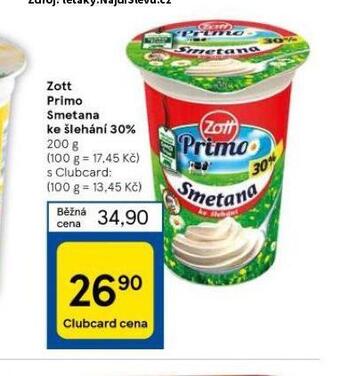 Tesco Zott primo smetana ke šlehání 30% nabídka