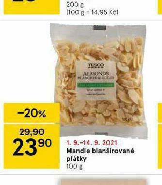 Tesco Mandle blanšírované plátky nabídka