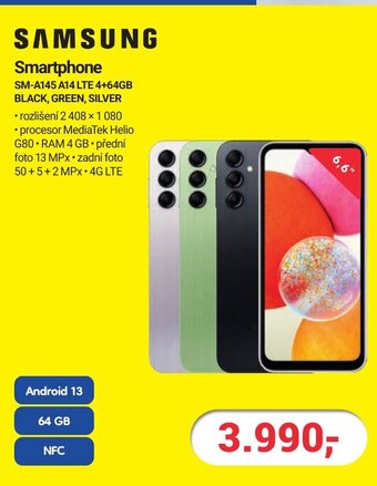 SAMSUNG Smartphone SM-A145 A14 LTE 4+64GB BLACK, GREEN, SILVER