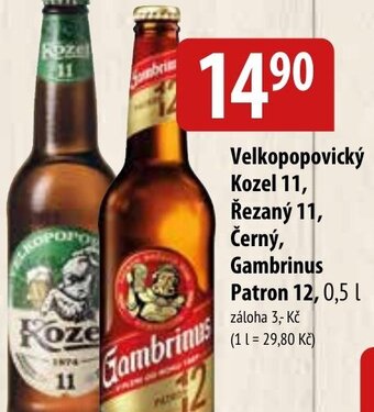 Bala Velkopopovický Kozel 11, Řezaný 11, Černý, Gambrinus Patron 12, 0,5 L nabídka