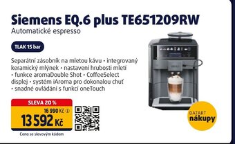 Datart Siemens EQ.6 plus TE651209RW Automatické espresso nabídka