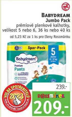 Rossmann Babydream jumbo pack prémiové plenkové kalhotky, 36 ks nebo 40 ks nabídka