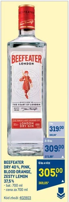 Makro BEEFEATER DRY 40% PINK, BLOOD ORANGE, ZESTY LEMON 37.5% nabídka