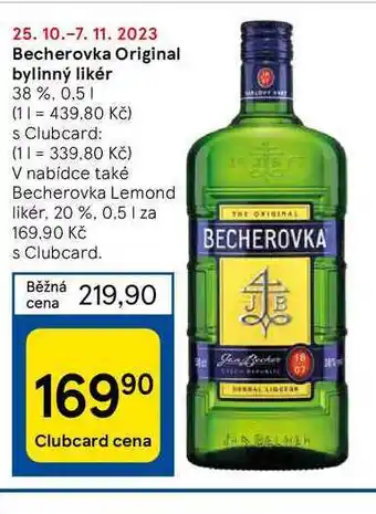 Tesco Becherovka original bylinný likér 38 %, 0,5 1 nabídka