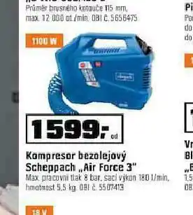 Kompresor bezolejový scheppach air force 3