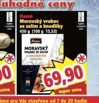 Norma Hamé moravský vrabec se zelím a knedlíky nabídka