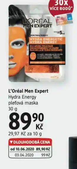 dm drogerie Loreal men expert hydra energy pleťová maska nabídka