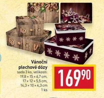 Billa Vánoční plechové dózy sada 3 ks, velikosti: 19,8 x 15 x 6,7 cm, 17 x 12 x 5,5 cm, 14,3 x 10 x 4,3 cm 1 ks nabídka