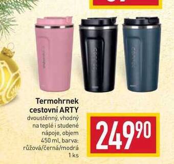 Billa Termohrnek cestovní arty dvoustěnný, vhodný na teplé i studené nápoje, objem 450 ml, barva: růžová/černá/modrá 1 ks nabídka