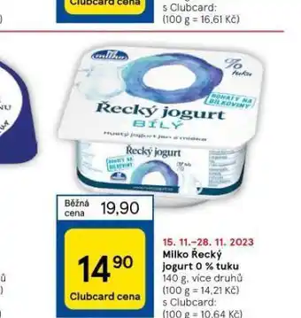 Tesco Milko řecký jogurt 0% tuku nabídka