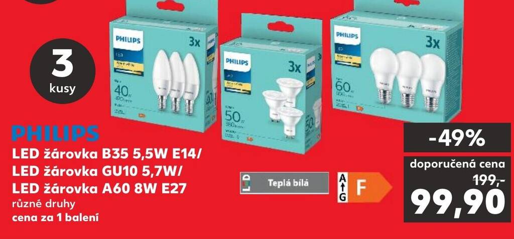 Kaufland PHILIPS LED žárovka B35 5,5W E14/ LED žárovka GU10 5,7W/ LED žárovka A60 8W E27 různé druhy nabídka