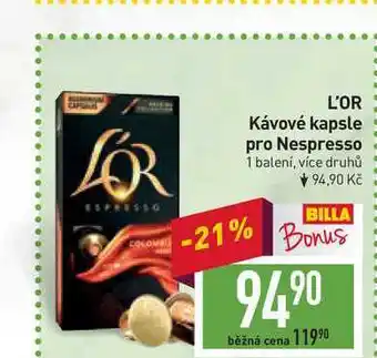 Billa L'or kávové kapsle pro nespresso 1 balení nabídka