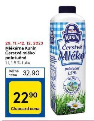 Tesco Kunín čerstvé mléko polotučné nabídka