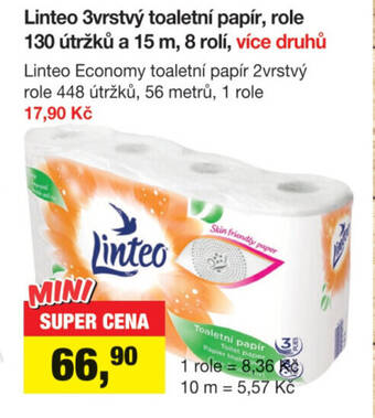 Šlak Linteo 3vrstvý toaletní papír, role 130 útržků a 15 m, 8 rolí nabídka