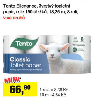 Šlak Tento Ellegance, 3vrstvý toaletní papír, role 150 útržků, 18,25 m, 8 rolí nabídka