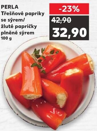 Kaufland PERLA Třešňové papriky se sýrem/ žluté papričky plněné sýrem nabídka