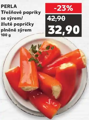 Kaufland PERLA Třešňové papriky se sýrem/ žluté papričky plněné sýrem nabídka