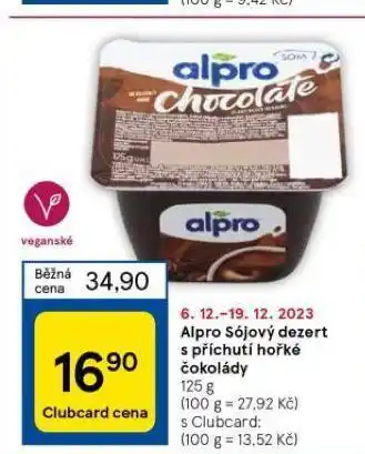 Tesco Alpro sójový dezert s příchutí hořké čokolády nabídka