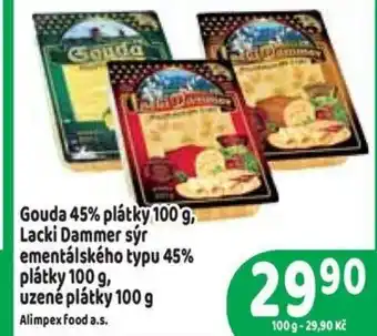 Gouda 45% plátky 100 g, Lacki Dammer sýr ementálského typu 45% plátky 100 g,uzene plátky 100 g