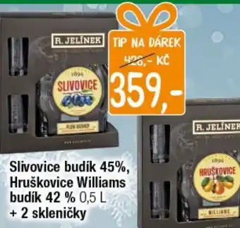 Slivovice budík 45%, Hruškovice Williams budík 42 % 0,5 L + 2 skleničky