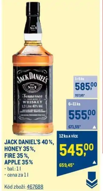 Makro JACK DANIEL'S 40%, HONEY 35%, FIRE 35%, APPLE 35% nabídka
