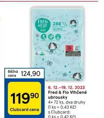 Tesco Fred & flo vlhčené ubrousky 4 x 72 ks nabídka