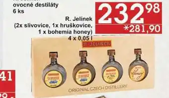 Jip R. jelínek (2x slivovice, 1x hruškovice, 1 x bohemia honey), 4 x 0,05 l nabídka