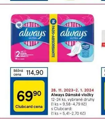 Tesco Always dámské vložky nabídka