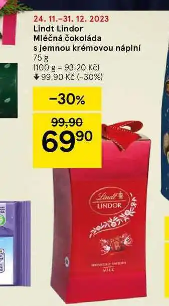 Tesco Lindt lindor mléčná čokoláda s jemnou krémovou náplní nabídka