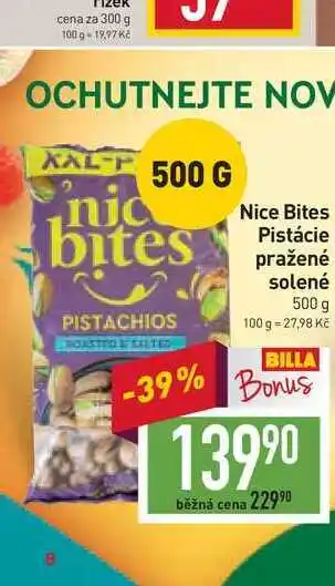Billa Nice bites pistácie pražené solené 500 g nabídka