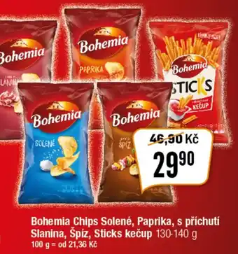 TEMPO Bohemia Chips Solené, Paprika, s příchutí Slanina, Špíz, Sticks kečup nabídka