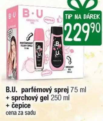 B.U. parfémový sprej 75 ml + sprchový gel 250 ml + čepice