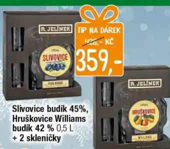 Slivovice budík 45%, Hruškovice Williams budík 42 % 0,5 L + 2 skleničky