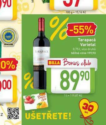 Billa Tarapacá varietal nabídka