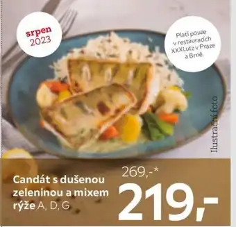 Candát s dušenou zeleninou a mixem rýže A, D, G