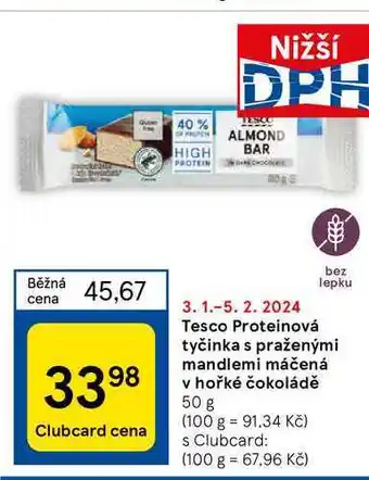 Tesco Tesco proteinová tyčinka s praženými mandlemi máčená v hořké čokoládě 50 g nabídka
