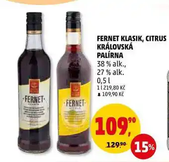 Penny Market Fernet klasik, citrus královská palírna 38% alk., 27% alk. 0,5 l nabídka