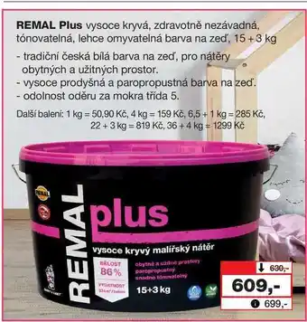 Barvy a laky drogerie Remal plus vysoce kryvá, zdravotně nezávadná, tónovatelná, lehce omyvatelná barva na zeď, 15+3 kg nabídka