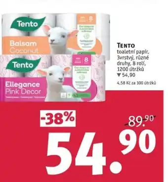 Rossmann TENTO toaletní papír, 3vrstvý, různé druhy, 8 rolí, 1200 útržků nabídka