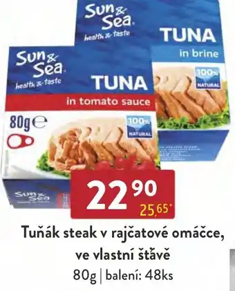 Tuňák steak v rajčatové omáčce, ve vlastní štávě 80g