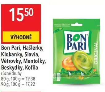 Globus Bon Pari, Hašlerky, Klokanky, Slavia, Větrovky, Mentolky, Beskydky, Kofila nabídka