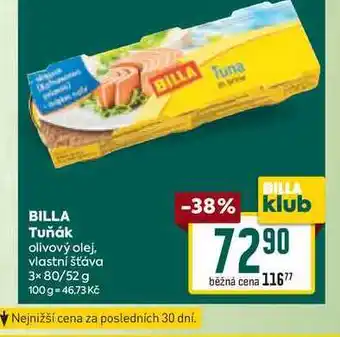 Billa Billa tuňák olivový olej, vlastní šťáva 3x 80/52 g nabídka