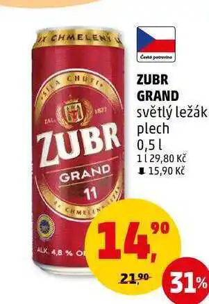 Penny Market Zubr grand světlý ležák plech, 0,5 l nabídka