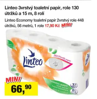 Šlak Linteo 3vrstvý toaletní papír, role 130 útržků a 15 m, 8 rolí nabídka