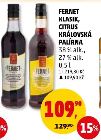 Penny Market FERNET KLASIK, CITRUS KRÁLOVSKÁ PALÍRNA 0.5L nabídka