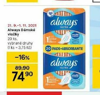 Tesco Always dámské vložky nabídka